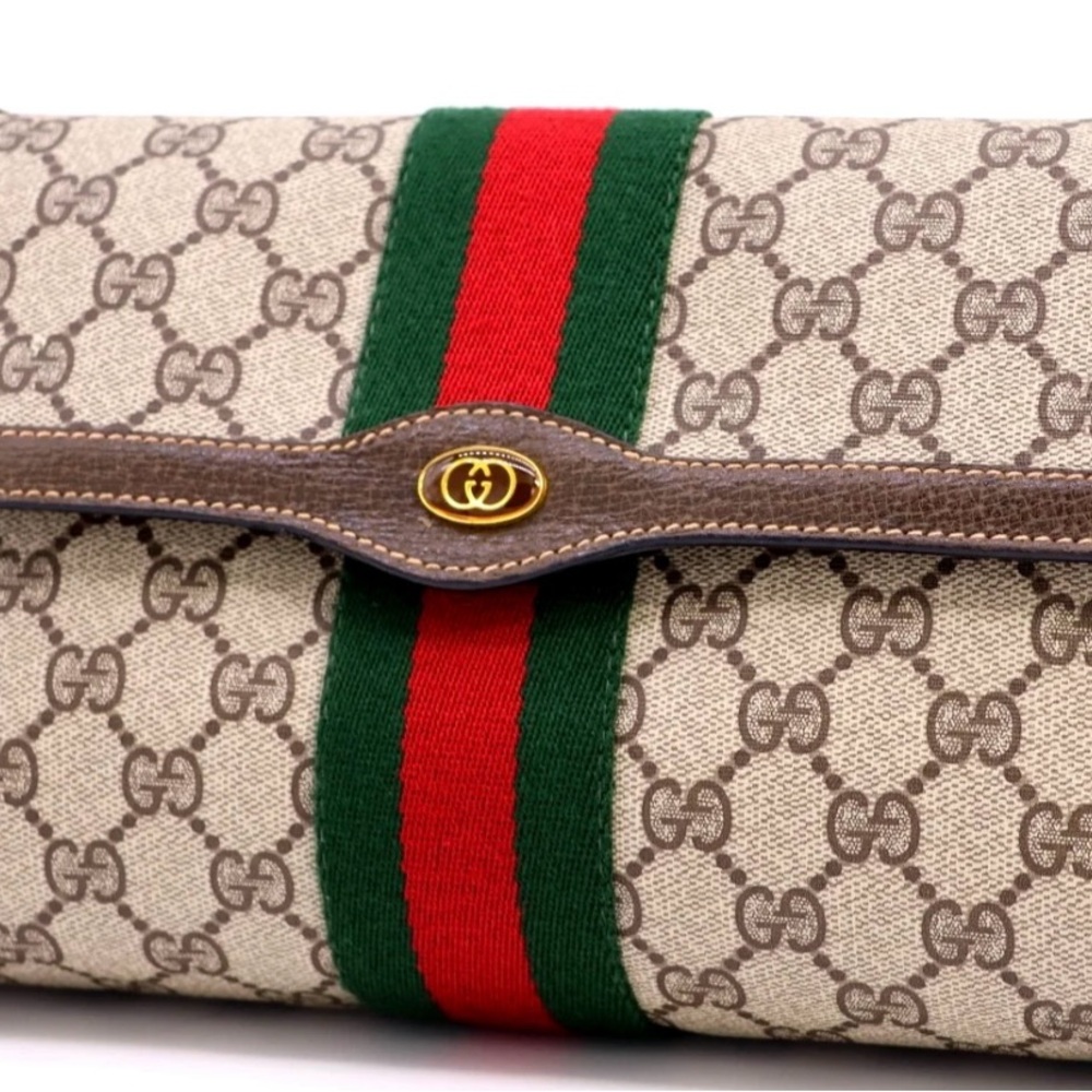 Gucci Monogram Clutch with Red and Green Accent